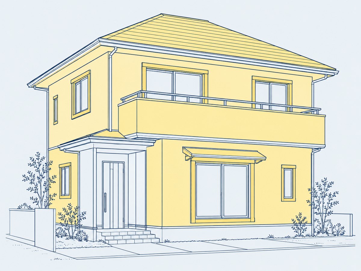 戸建ての線画。屋根、外壁、ベランダ、窓まわり、ひさしに番号がついています